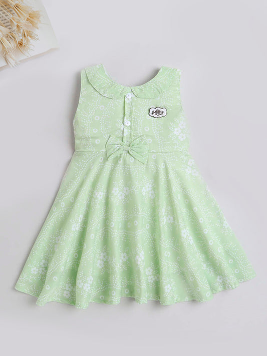 Floral Printed Sleeveless Dress For Girls With Bow & Applique-Green