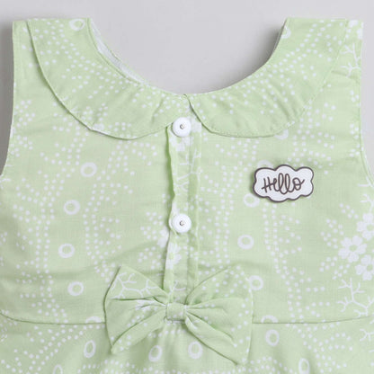 Floral Printed Sleeveless Dress For Girls With Bow & Applique-Green