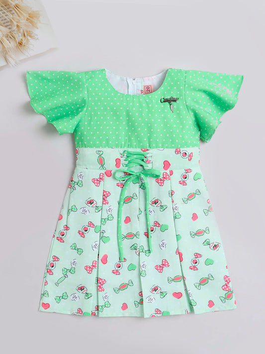 Polka Dots & Bow Printed Short Sleeves Lace Embellishment Dress For Girls -Green