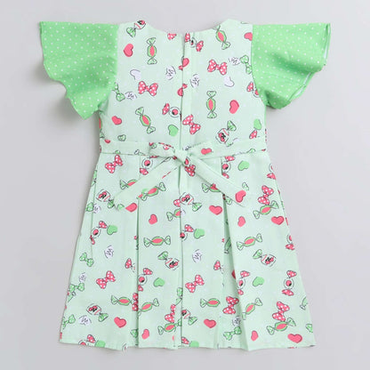 Polka Dots & Bow Printed Short Sleeves Lace Embellishment Dress For Girls -Green
