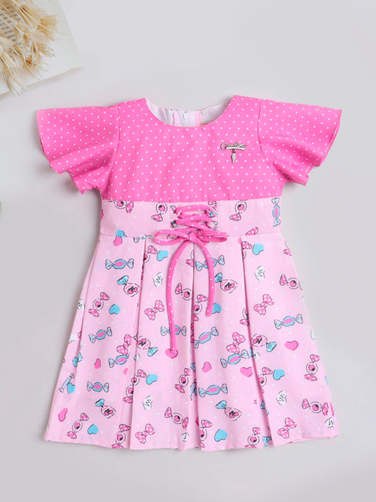 Polka Dots & Bow Printed Short Sleeves Lace Embelishment Dress For Girls -Pink