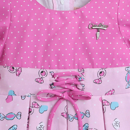 Polka Dots & Bow Printed Short Sleeves Lace Embelishment Dress For Girls -Pink