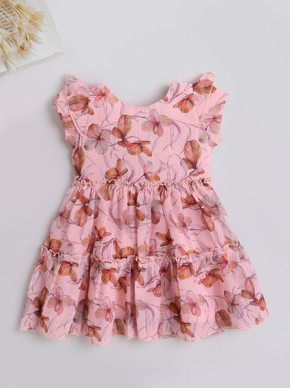 Floral Printed Ruffel Sleeves Tiered Dress For Girls-Peach
