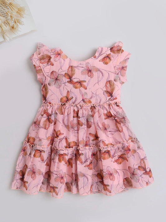 Floral Printed Ruffel Sleeves Tiered Dress For Girls-Peach