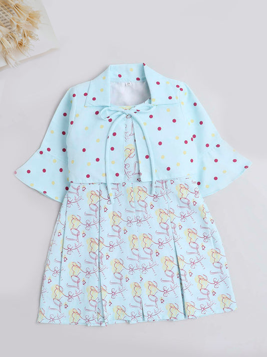 Bow Printed Dress For Girls With Polka Dot Printed 3/4th Sleeves Furr Shrug-Blue