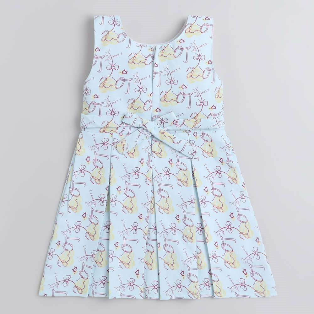 Bow Printed Dress For Girls With Polka Dot Printed 3/4th Sleeves Furr Shrug-Blue