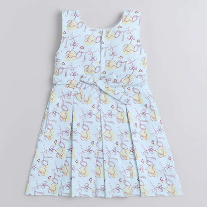 Bow Printed Dress For Girls With Polka Dot Printed 3/4th Sleeves Furr Shrug-Blue