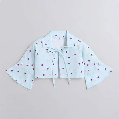 Bow Printed Dress For Girls With Polka Dot Printed 3/4th Sleeves Furr Shrug-Blue