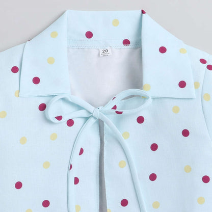 Bow Printed Dress For Girls With Polka Dot Printed 3/4th Sleeves Furr Shrug-Blue