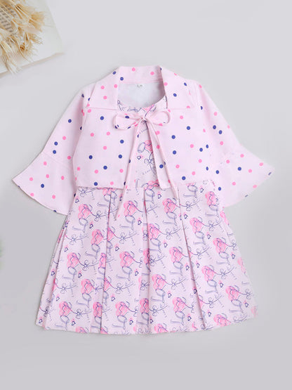 Three Fourth Sleeves Polka Dot Printed Collared Shrug With Seamless Heart & Love Printed Fit & Flare Dress - Pink