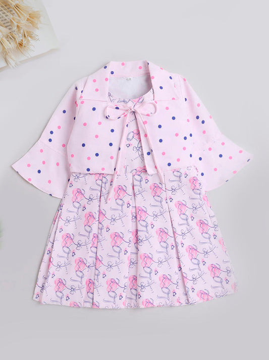 Three Fourth Sleeves Polka Dot Printed Collared Shrug With Seamless Heart & Love Printed Fit & Flare Dress - Pink