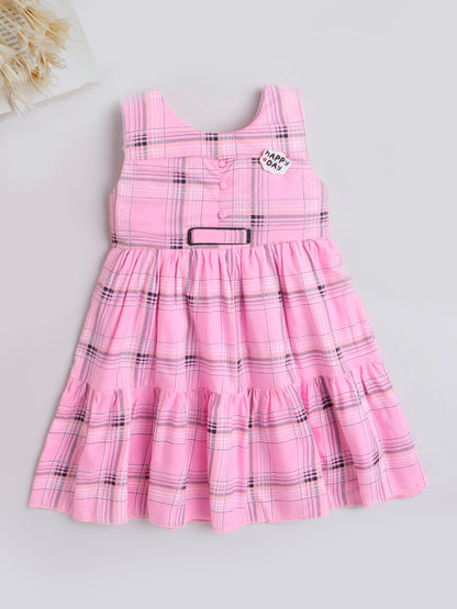 Check Printed Tiered Sleeveless Dress For Girls-Pink