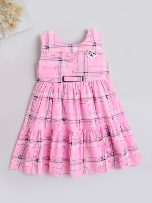 Check Printed Tiered Sleeveless Dress For Girls-Pink