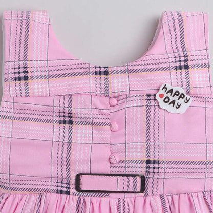Check Printed Tiered Sleeveless Dress For Girls-Pink