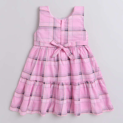 Check Printed Tiered Sleeveless Dress For Girls-Pink