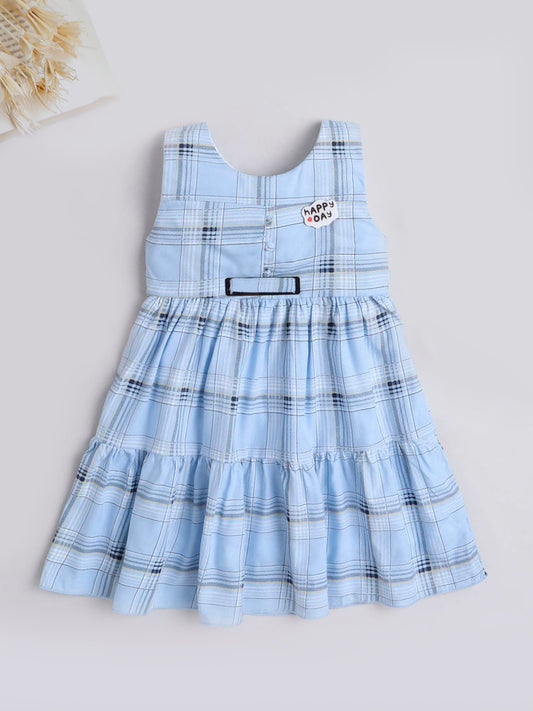 Check Printed Tiered Sleeveless Dress For Girls-Blue