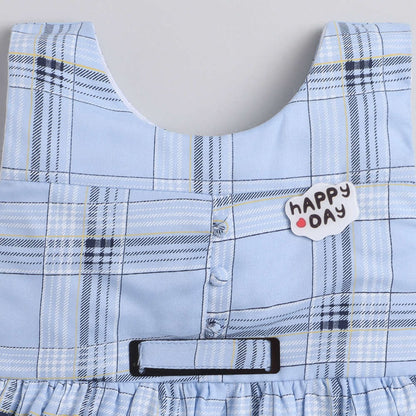 Check Printed Tiered Sleeveless Dress For Girls-Blue