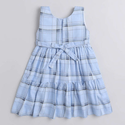 Check Printed Tiered Sleeveless Dress For Girls-Blue