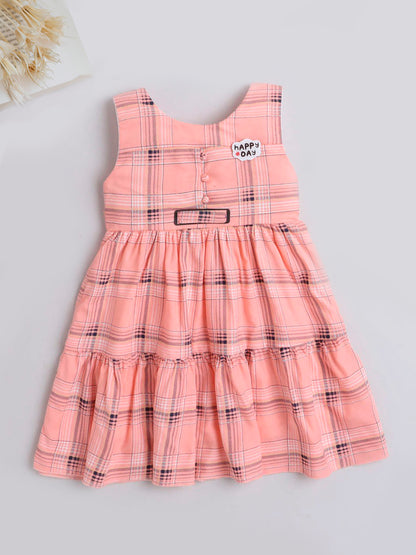 Check Printed Tiered Sleeveless Dress For Girls-Peach