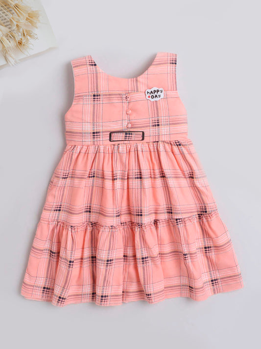 Check Printed Tiered Sleeveless Dress For Girls-Peach
