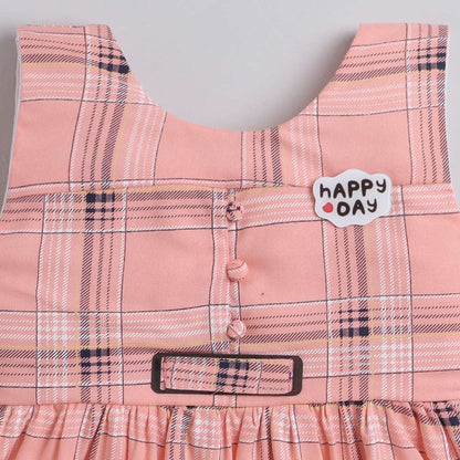 Check Printed Tiered Sleeveless Dress For Girls-Peach