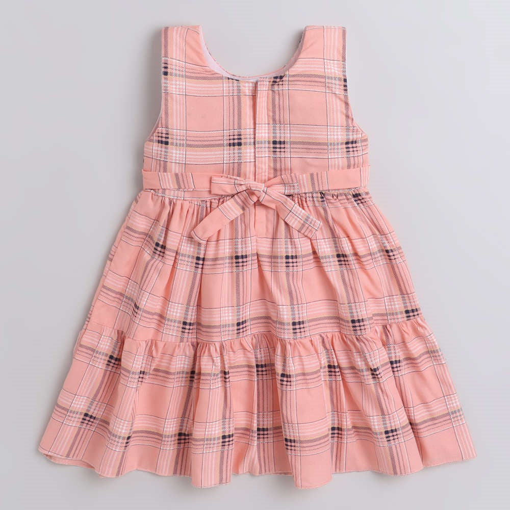 Check Printed Tiered Sleeveless Dress For Girls-Peach
