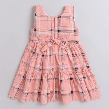 Check Printed Tiered Sleeveless Dress For Girls-Peach