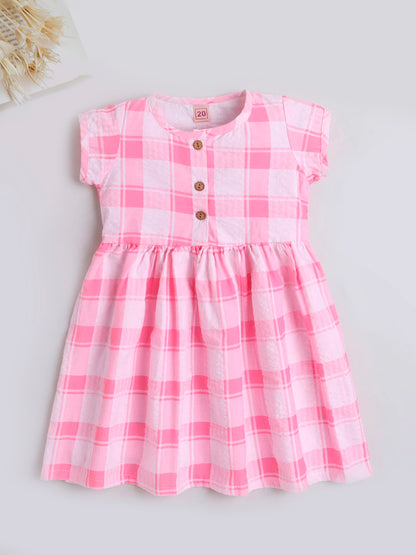 Checks Printed Cap Sleeves Dress For Girls With Button Applique-Pink