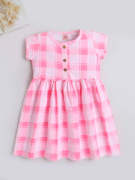 Checks Printed Cap Sleeves Dress For Girls With Button Applique-Pink