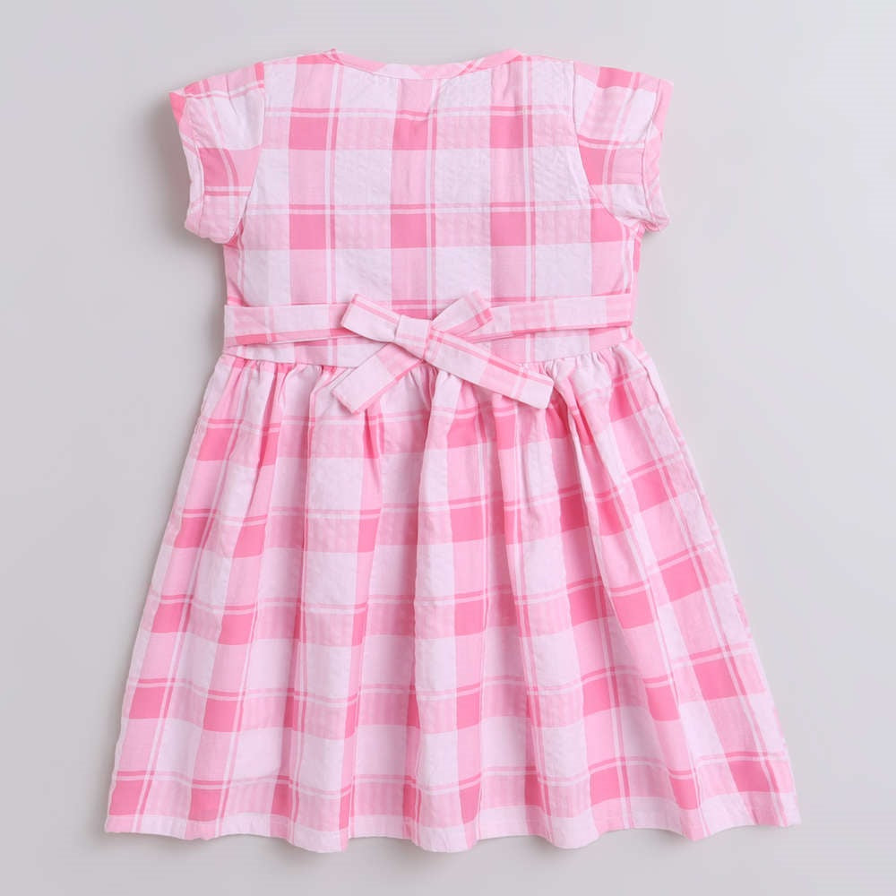 Checks Printed Cap Sleeves Dress For Girls With Button Applique-Pink