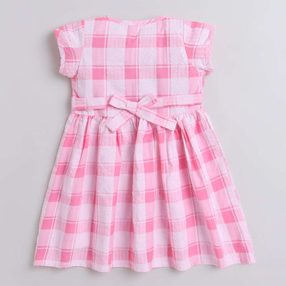 Checks Printed Cap Sleeves Dress For Girls With Button Applique-Pink