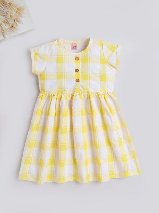 Cap Sleeves Checked Dress - Yellow