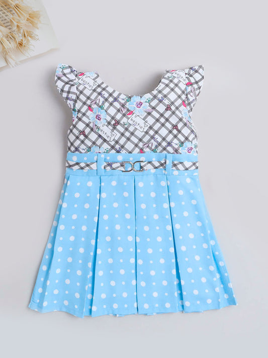 Polka Dots & Checks Printed Cap Sleeves Dress For Girls-Blue