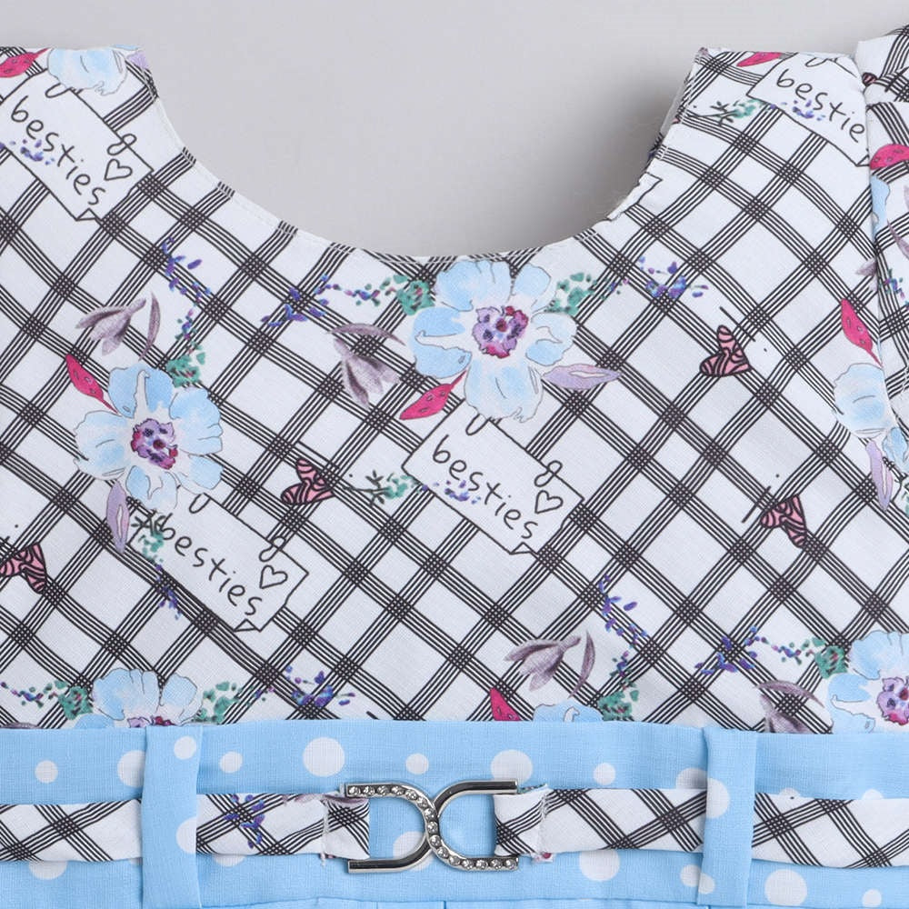 Polka Dots & Checks Printed Cap Sleeves Dress For Girls-Blue