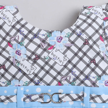 Polka Dots & Checks Printed Cap Sleeves Dress For Girls-Blue
