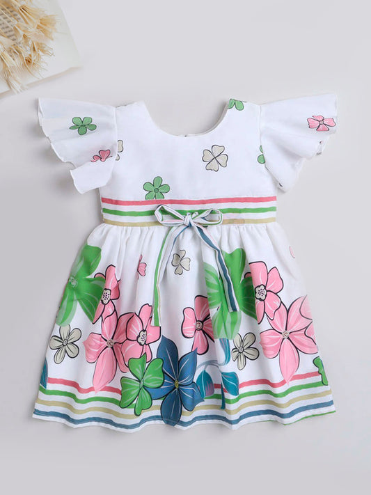 Floral Pritned Flared Sleeves Dress For Girls With Lace Bow-Off-White