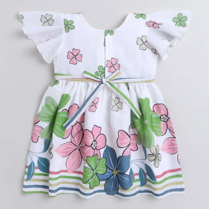 Floral Pritned Flared Sleeves Dress For Girls With Lace Bow-Off-White