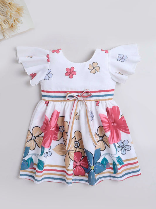 Floral Printed Flared Sleeves Dress With Lace Bow For Girls-Off-White