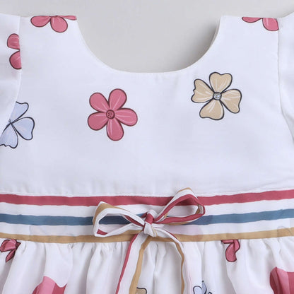 Floral Printed Flared Sleeves Dress With Lace Bow For Girls-Off-White