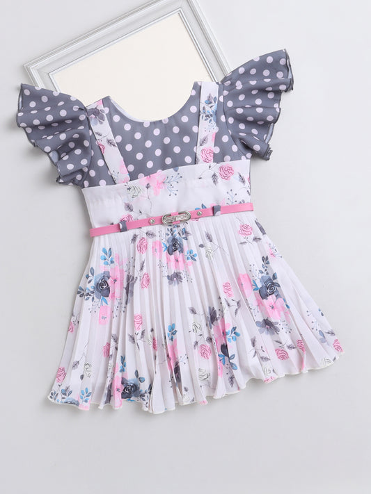 Floral & Polka Dots Printed Flared Sleeves Dress For Girls -Pink