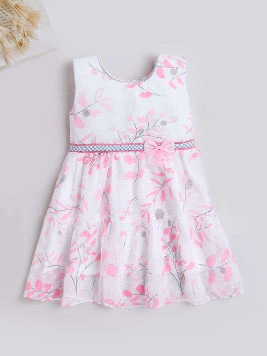 Floral Printed Sleeveless Dress For Girls With Contrast Bow-Pink