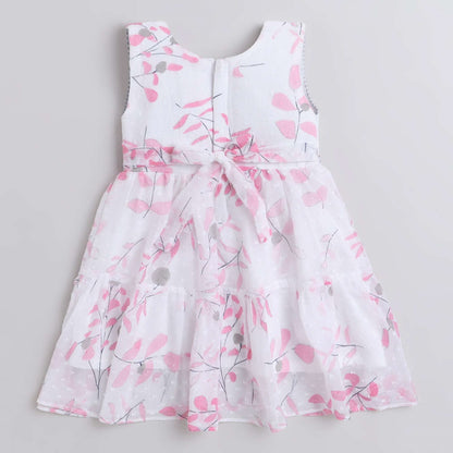 Floral Printed Sleeveless Dress For Girls With Contrast Bow-Pink