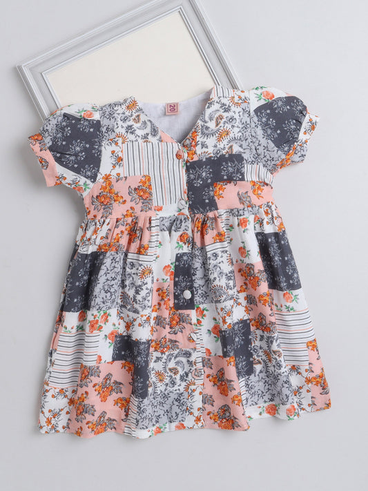 Short Sleeves Abstract Floral Block Motif  Printed Dress - Grey