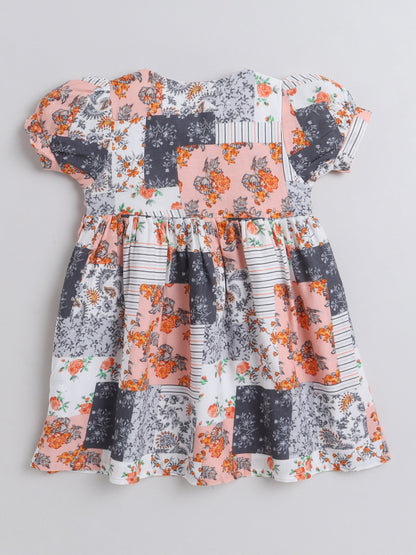 Short Sleeves Abstract Floral Block Motif  Printed Dress - Grey