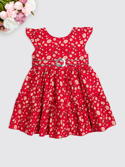 Short Sleeves Floral Printed Casual Dress With Belt - Red