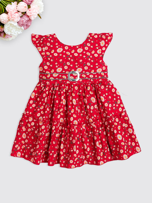 Short Sleeves Floral Printed Casual Dress With Belt - Red