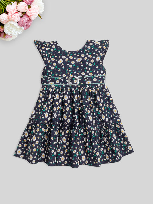 Short Sleeves Floral Printed Casual Dress With Belt - Black