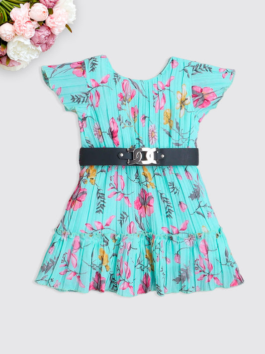 Cap Sleeves Floral Printed Pleated Dress With Belt - Blue