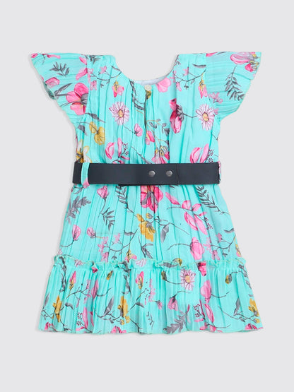 Cap Sleeves Floral Printed Pleated Dress With Belt - Blue