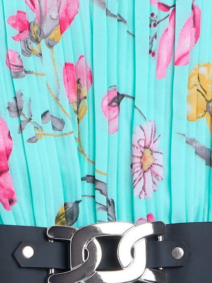 Cap Sleeves Floral Printed Pleated Dress With Belt - Blue